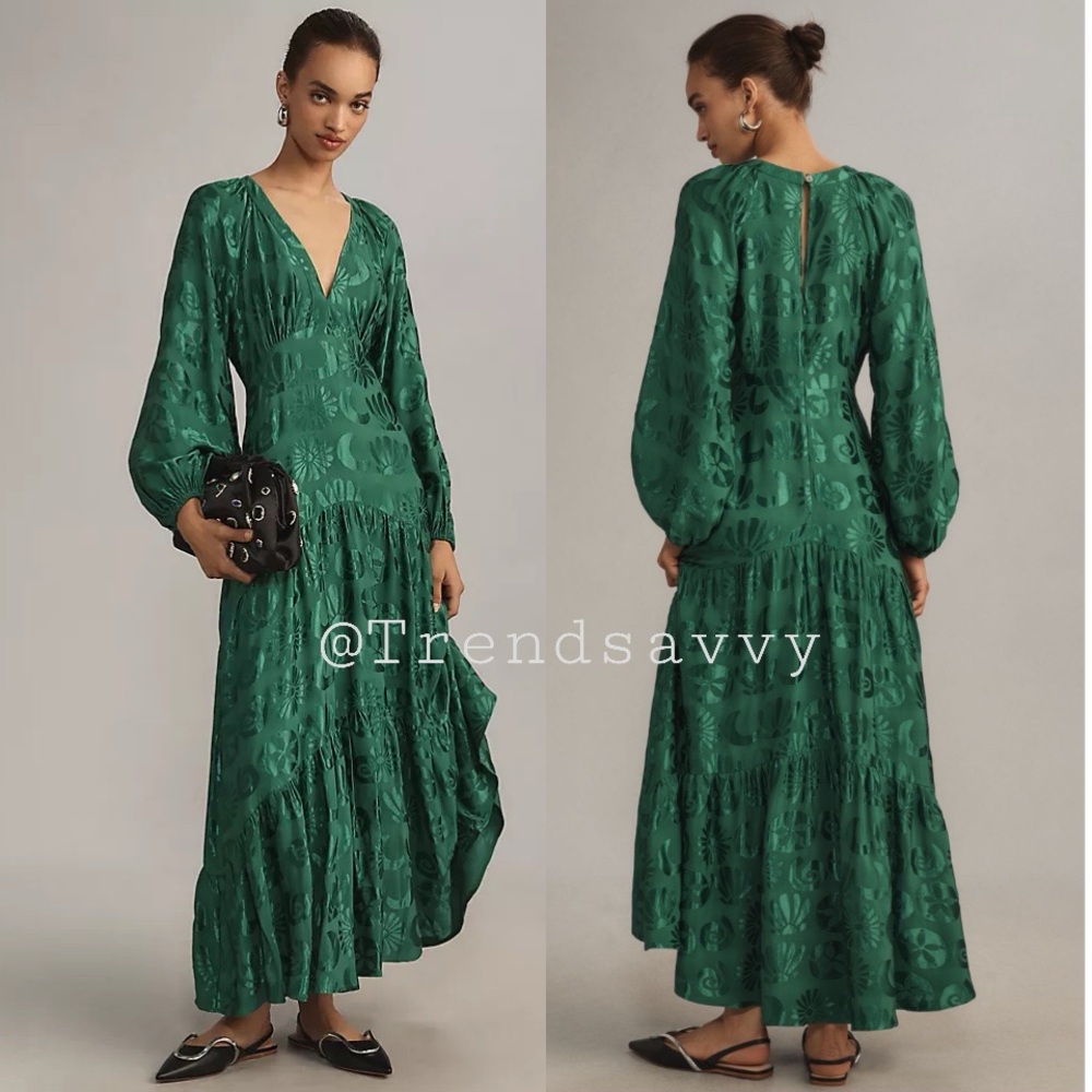 ANTHROPOLOGIE Farm Rio Green Jacquard V-Neck Maxi Dress Petite MP NWT